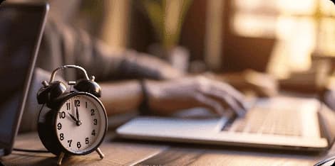 Professional workspace with a clock and laptop—representing billable hours and focused delivery
